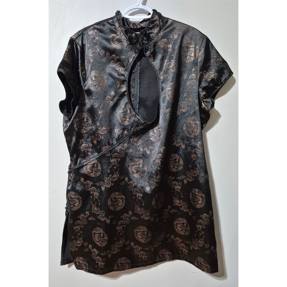 Fredericks of Hollywood Dragon Print Satin Keyhole Dress Black Bronze Womens 1X